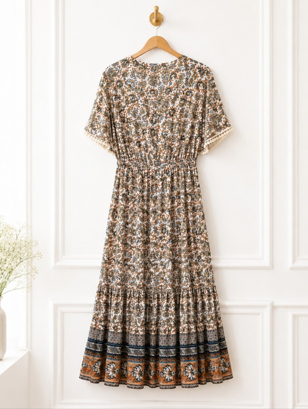 R.Vivimos Boho Paisley Floral Maxi Dress Pom Pom Trim Size M - Picture 7 of 11